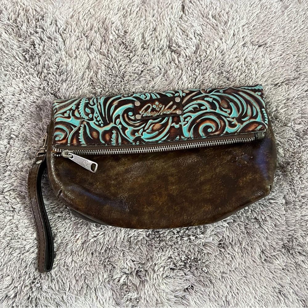 Patricia Nash Brown & Turquoise Tooled Leather Wristlet